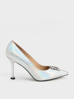 Holographic Leather Gem-Embellished Pumps