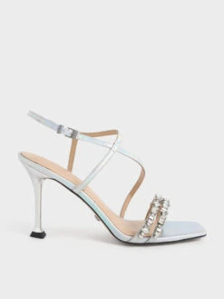 Holographic Leather Gem-Embellished Strappy Sandals