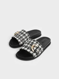 Houndstooth Studded Buckle Slide Sandals -Charles & Keith 2022 L6 CK1 71720039 24 3