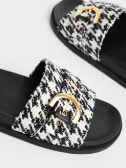 Houndstooth Studded Buckle Slide Sandals -Charles & Keith 2022 L6 CK1 71720039 24 5
