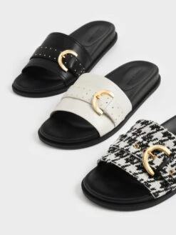 Houndstooth Studded Buckle Slide Sandals -Charles & Keith 2022 L6 CK1 71720039 24 7
