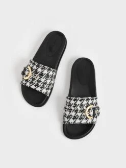 Houndstooth Studded Buckle Slide Sandals -Charles & Keith 2022 L6 CK1 71720039 24 8