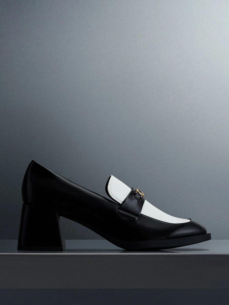 Two-Tone Metallic Accent Block Heel Loafer Pumps 3 Two-Tone Metallic Accent Block Heel Loafer Pumps