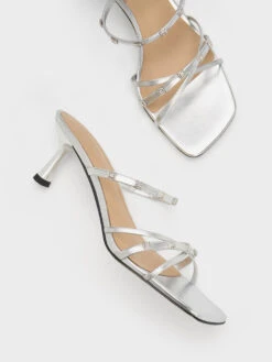 Square Crystal-Embellished Metallic Leather Heeled Mules -Charles & Keith 2023 L6 SL1 60280447 07 8