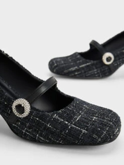 Tweed Crystal-Embellished Mary Jane Pumps -Charles & Keith 2023 L7 CK1 60361487 24 5