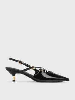 Patent Buckle-Strap Kitten Heel Slingback Pumps