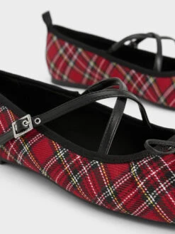 Tartan-Print Crossover-Strap Mary Jane Flats -Charles & Keith 2023 L7 CK1 70381023 08 7