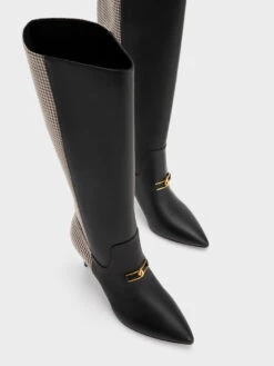 Gabine Leather Checkered Heeled Knee-High Boots -Charles & Keith 2023 L7 SL1 91900010 24 5